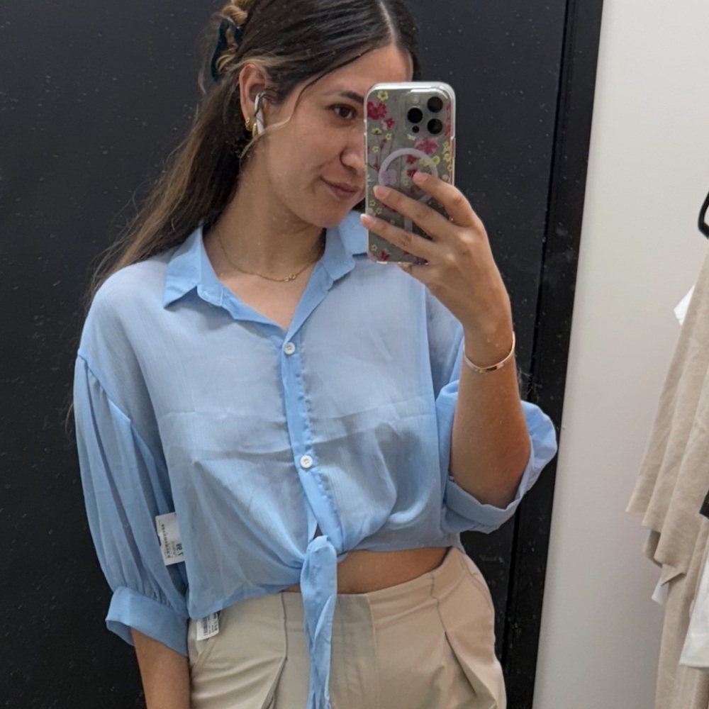 Sky Blue Button-Down Tie-Front Shirt